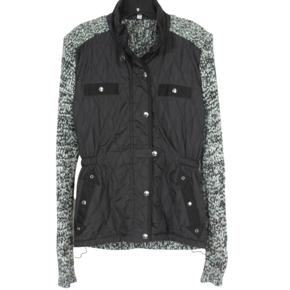 LINEA DOMANI Black QUILTED FRONT Full Zip & Snap RIBBED BACK Sweater Jacket Sz M